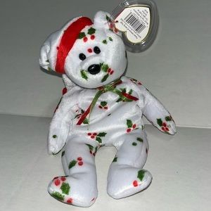 Ty 1998 Holiday Teddy Bear Beanie Baby Santa Hat, Decorated with Holly‎